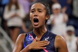 Leylah Fernandez shouts and hits her chest during a tennis match at the US Open.