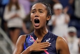Leylah Fernandez shouts and hits her chest during a tennis match at the US Open.