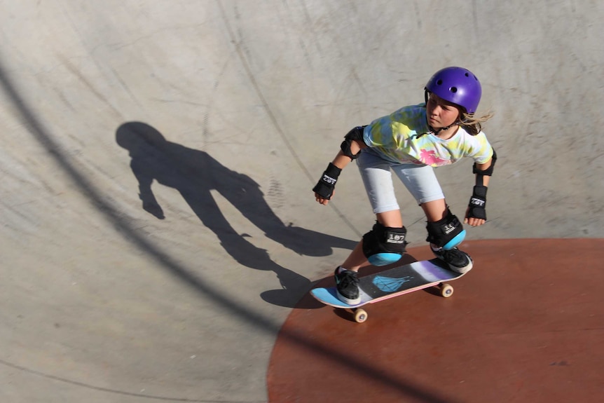 Chloe Andrews on a skateboard in Hobart