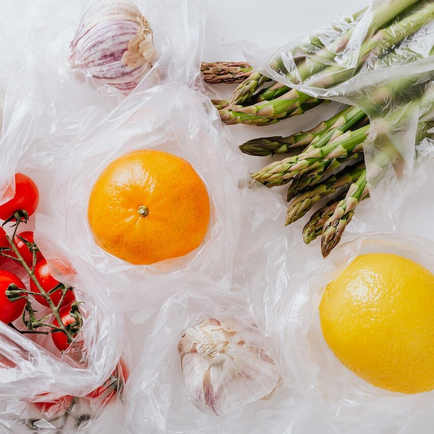 fruits and vegetables in plastic bags