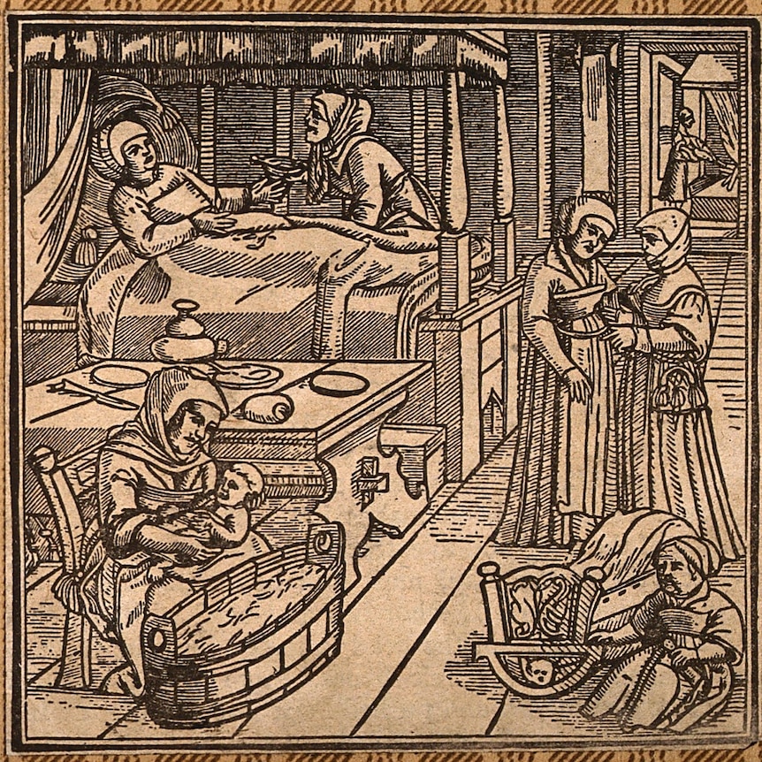 A woodcut illustration shows a woman in bed recovering from child birth while another woman tends to a baby.