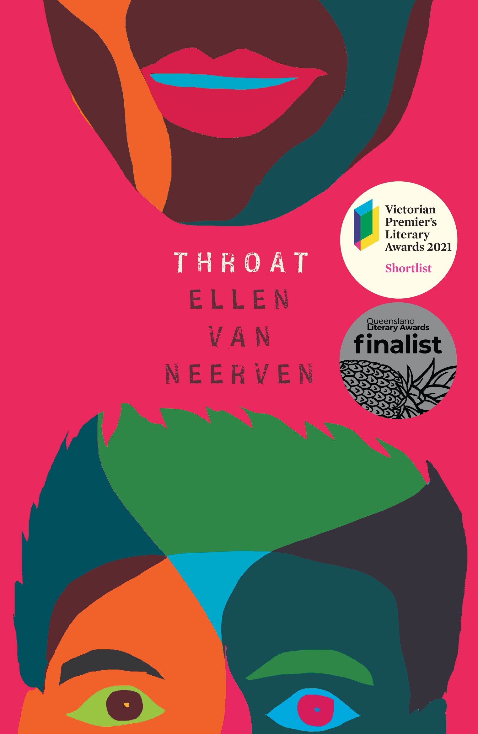 Hot pink background with bright-coloured illustration of face and text: THROAT ELLEN VAN NEERVEN