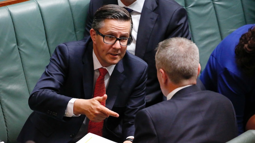 Shadow Energy Minister Mark Butler chats with Opposition Leader Bill Shorten during Question Time, pointing with his finger