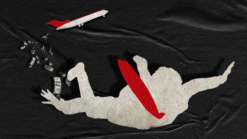 A man wearing a red tie falls from a plane in the sky surrounded by bank notes.