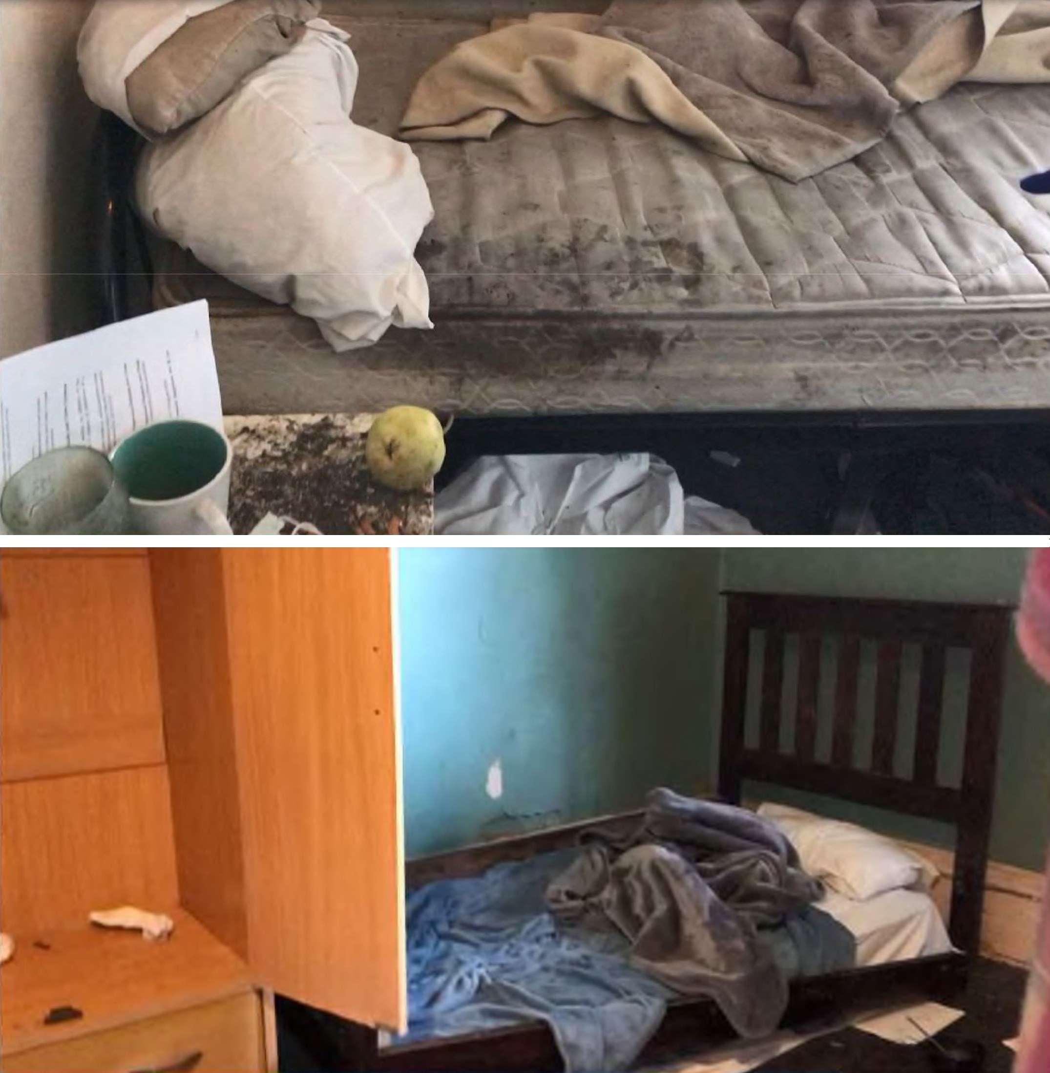 A composite image, showing one room with a bare mattress covered in stains, and another with a completely broken bed frame.