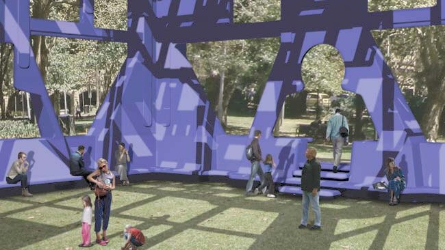 An artist's impression of Pavilion, a 13.7-metre milk crate sculpture by Hany Armanious that will be installed in Belmore Park.