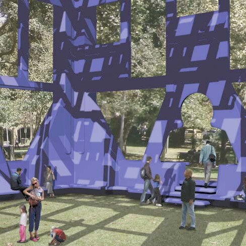 An artist's impression of Pavilion, a 13.7-metre milk crate sculpture by Hany Armanious that will be installed in Belmore Park.