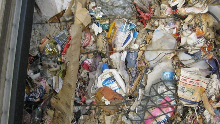 Compacted rubbish stored in a shipping container.