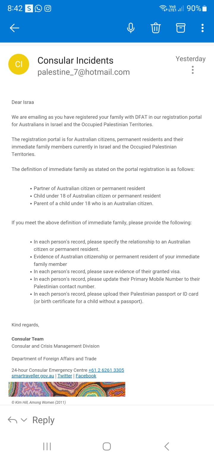 A letter sent to Israa from DFAT outlining their decision to shut consular assistance.