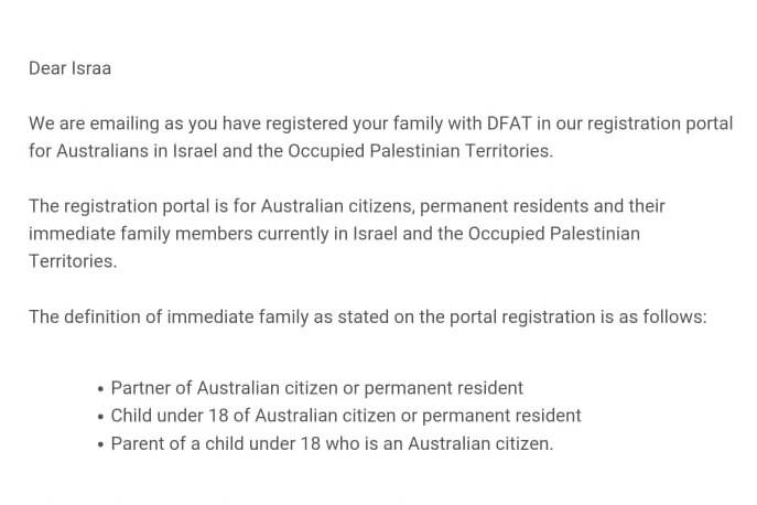 A letter sent to Israa from DFAT outlining their decision to shut consular assistance.