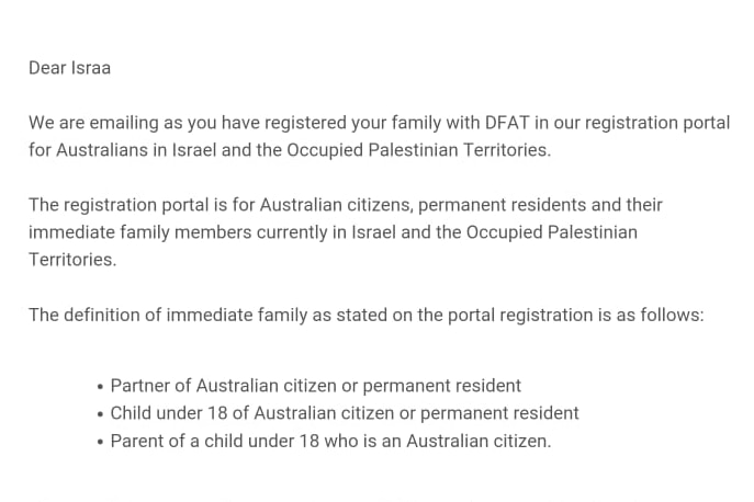 A letter sent to Israa from DFAT outlining their decision to shut consular assistance.