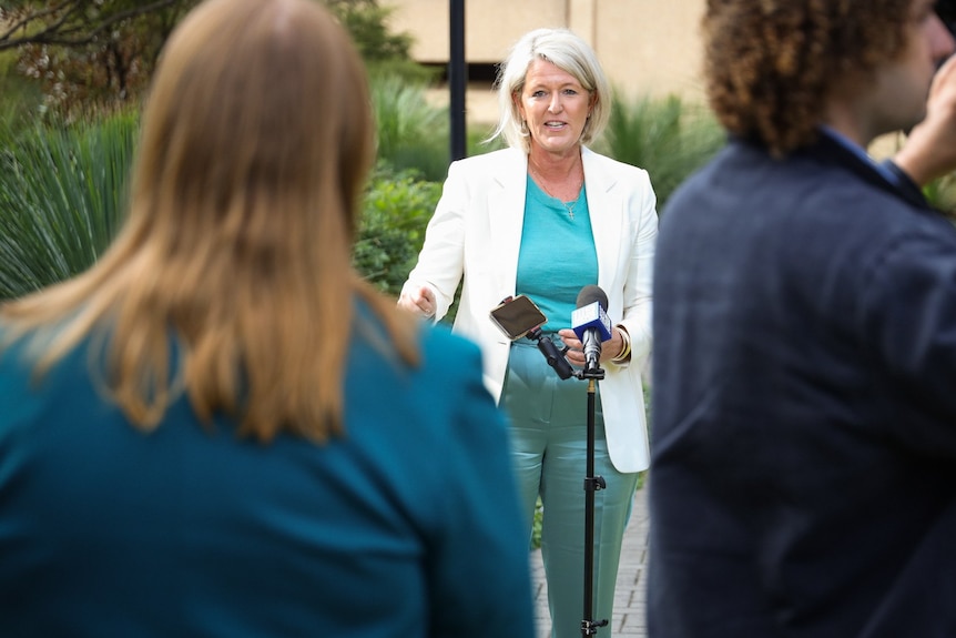 une femme qui parle à l'extérieur derrière des microphones