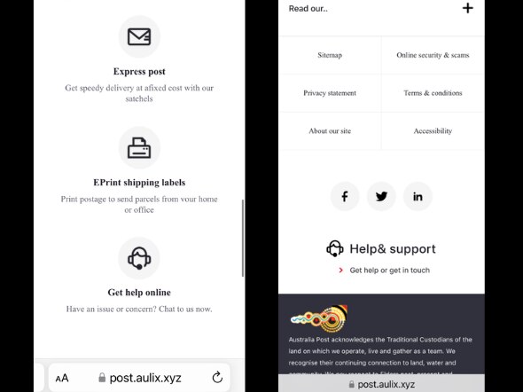 Screenshot of fake Australia Post website