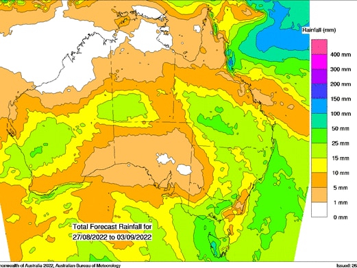 A wet weather map showing the estimated rainfall over the next eight days.