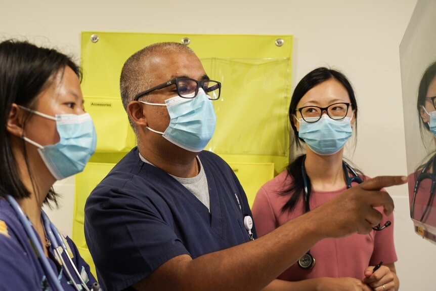 A male doctor wearing a mask points at a screen while two female doctors watch on