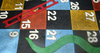 Snakes and ladders board.