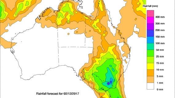 Map of Australia with showing 200-300mm of rain expected on the vic/nsw border