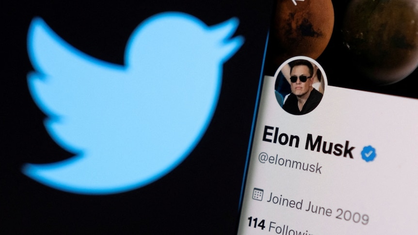 Elon Musk's twitter account is seen on a smartphone in front of the Twitter logo in this photo illustration