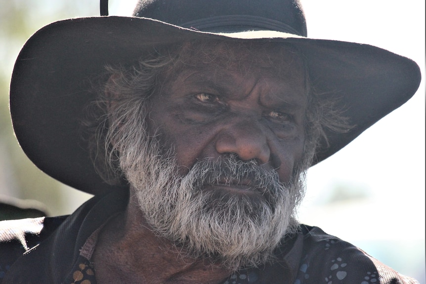 A close up image of Indigenous man with a white beard and wise facial expression 