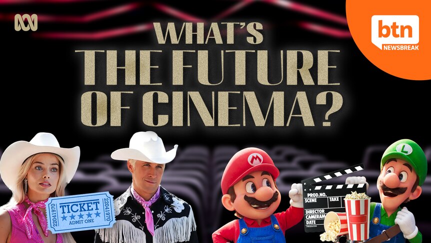 Super Mario, Luigi and actors from the Barbie movie with a cinema background with the words what's the future of cinema.