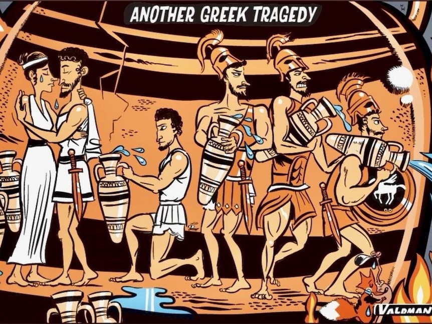 Advertiser cartoon of Greek fire