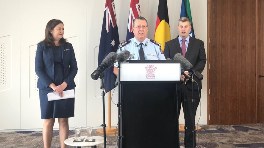 Queensland Premier Annastacia Palaszczuk with Police Commissioner Ian Stewart and Police Minister Mark Ryan (right)