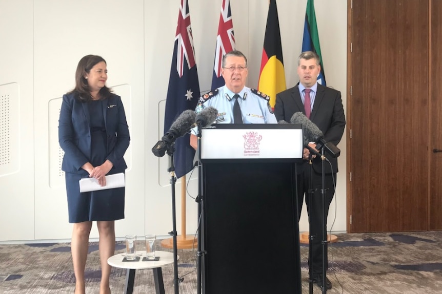 Queensland Premier Annastacia Palaszczuk with Police Commissioner Ian Stewart and Police Minister Mark Ryan (right)