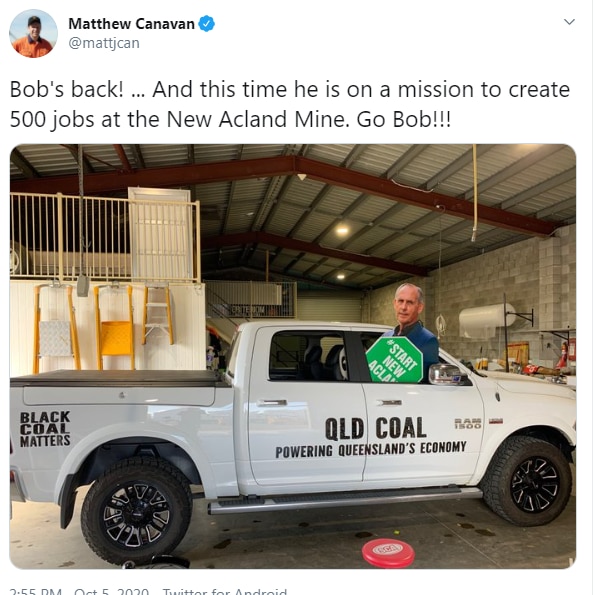 A tweet from Matthew Canavan which shows a ute with the slogan "black coal matters"