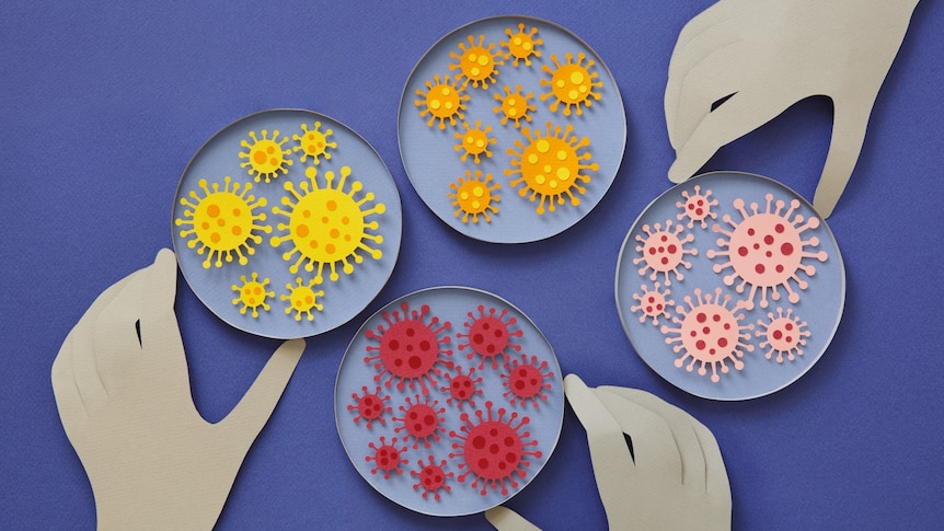 aper illustration of human hands and coronavirus in a lab