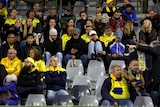 A crowd of Swedish football fans in the stands of a stadium, many on their phones