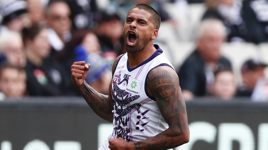 A Fremantle Dockers AFL player pumps his right fist and screams out as he celebrates a goal against Collingwood.