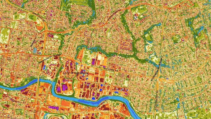The same view in infra-red, showing the urban heat island effect caused by roads, roofs and other dark surfaces. (Supplied: Parramatta Heat Map)