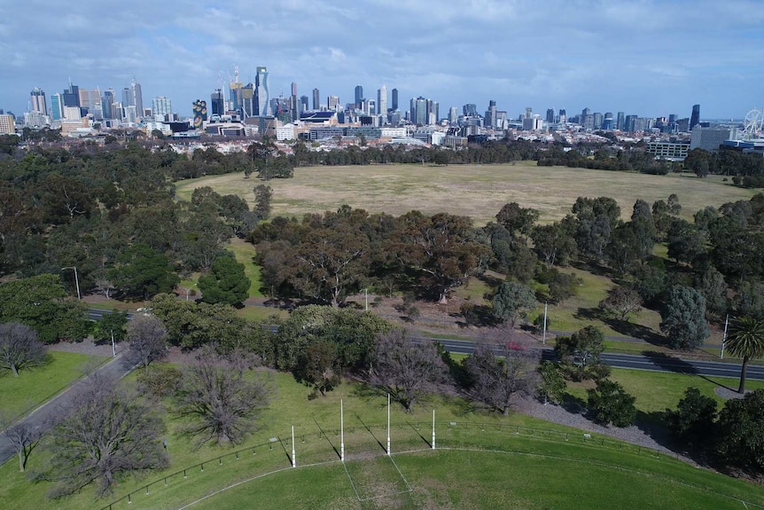 A view of Royal Park from the air, looking towards Melbourne's CBD.