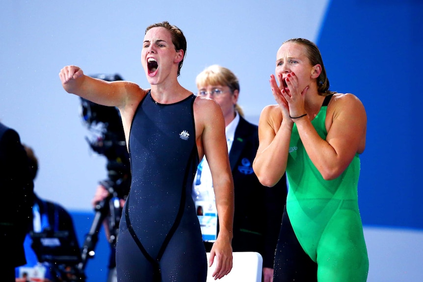 Bronte Campbell and Mel Schlanger cheer home relay win