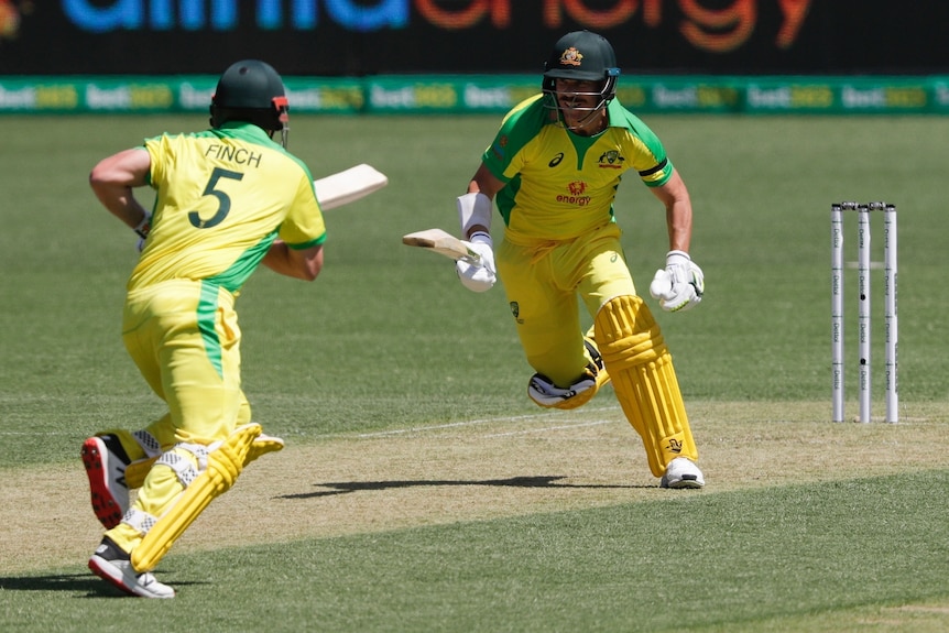 Aaron Finch and David Warner run a single during the ODI match with India