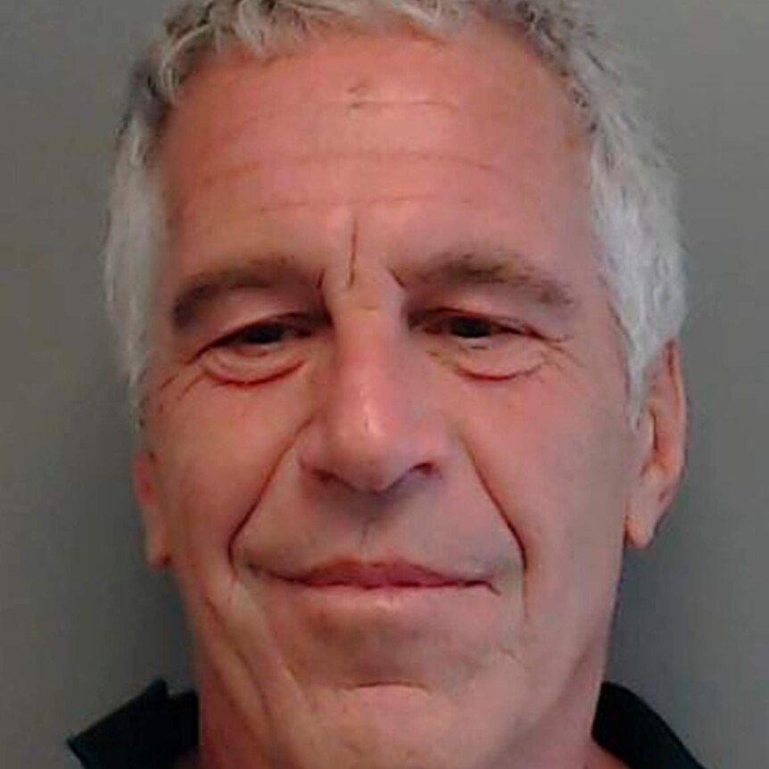 Jeffrey Epstein smiles at the camera in front of a grey background.