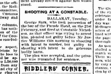 A newspaper clipping about the shooting in the Melbourne Weekly Times April 23, 1898.