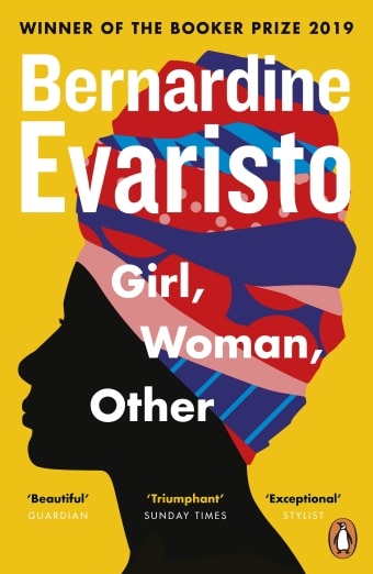 The book cover of Girl, Woman, Other by Bernardine Evaristo, an illustration of a black woman wearing a colourful headscarf