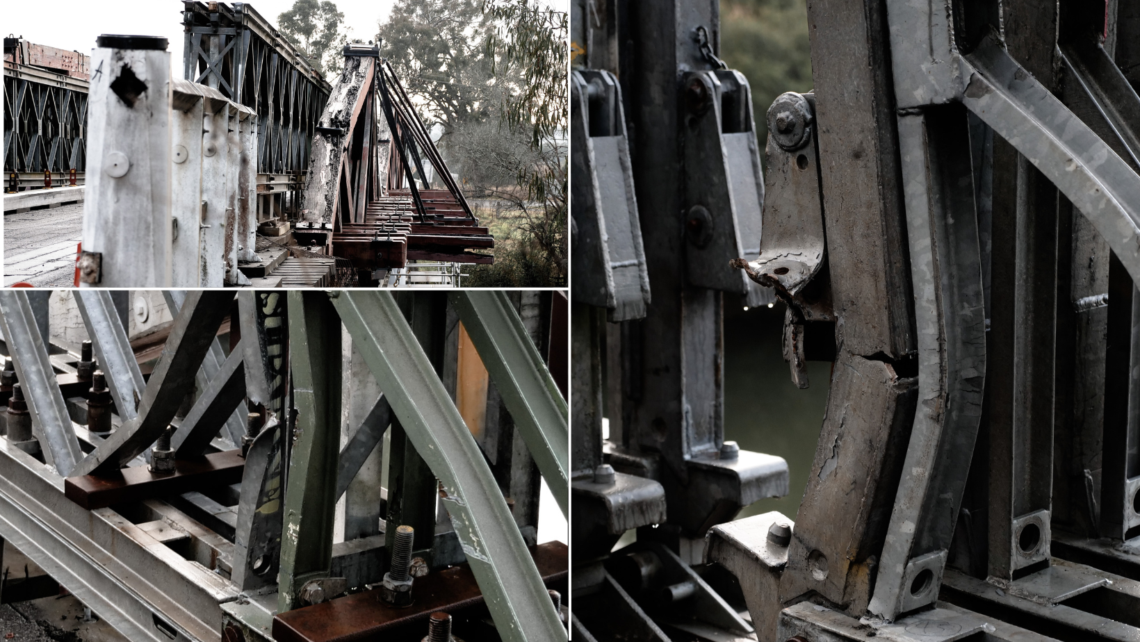 A collage of images showing damaged metal and wood on the Brig O'Johnstone bridge.