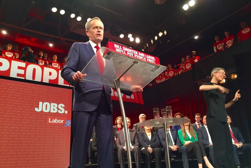 Bill Shorten speaks at the podium at the ALP election campaign launch.