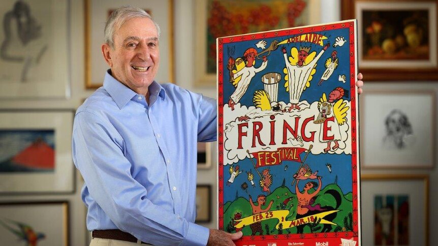 Adelaide Fringe founding chairman Frank Ford with a 1990 poster