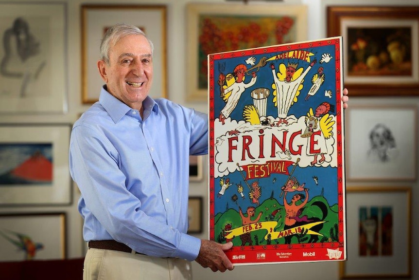 Adelaide Fringe founding chairman Frank Ford with a 1990 poster