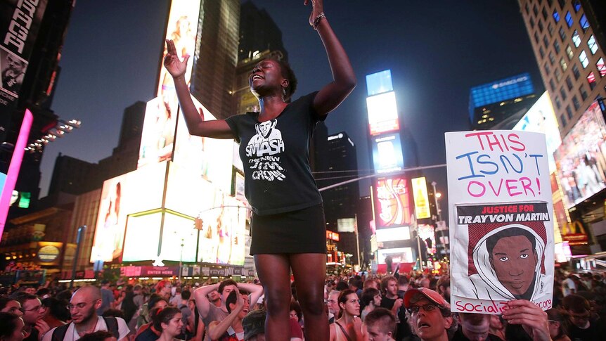 Trayvon Martin supporters block traffic in Times Square.