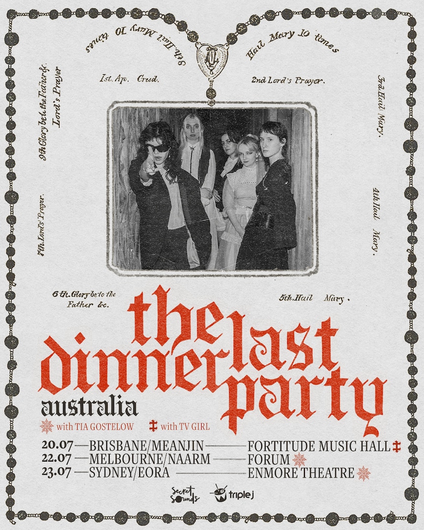 Black and off-white gothic style poster for The Last Dinner Party Australian tour with red text 