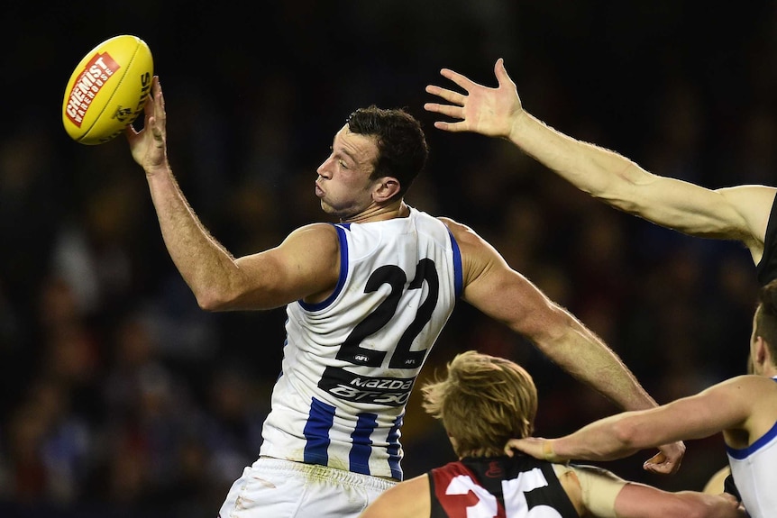 North Melbourne's Todd Goldstein taps out against Essendon at Docklands in round 16, 2016.