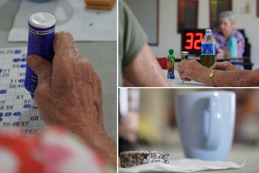 A senior using a blue bingo pen to mark game numbers, the host calling numbers in front of a social club a large mug and a lamin