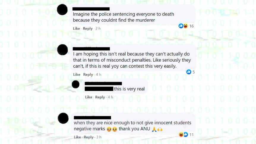A graphic shows students on Facebook complaining and challenging a decision to penalise an entire class over alleged misconduct.