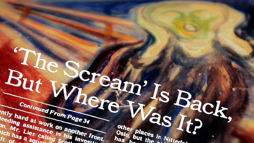 A close of the Scream with white newspaper text overlaid reading "the scream is back but where was it"