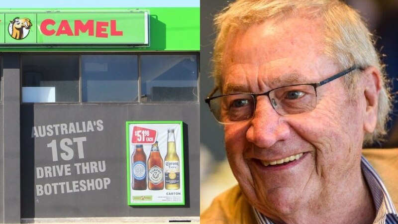 side view of bottle shop with grey wall and green signage and close up of man with spectacles smiling