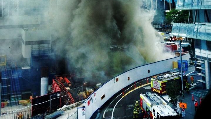 Firefighters tackle a blaze at the Barangaroo construction site in the Sydney CBD.